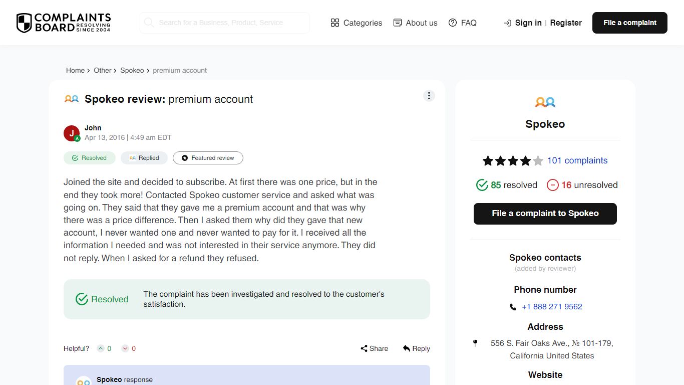 [Resolved] Spokeo Review: premium account - ComplaintsBoard.com